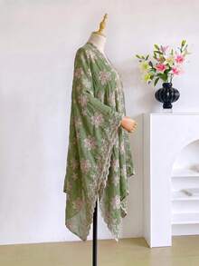 1件優雅花卉刺繡開襟披肩女款和服/圍裙，春夏波希米亞風外套，海灘度假防曬裝飾刺繡開襟衫，適合日常搭配，完美禮物選擇 - 綠色 - 查看 3