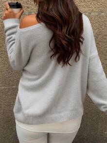 SOLTRB Women's New Casual Solid Color Loose Off-Shoulder Long Sleeve Sweater, Romantic Pink, Oversized Knit Top, Pink Women's Clothing - Grey - View 7