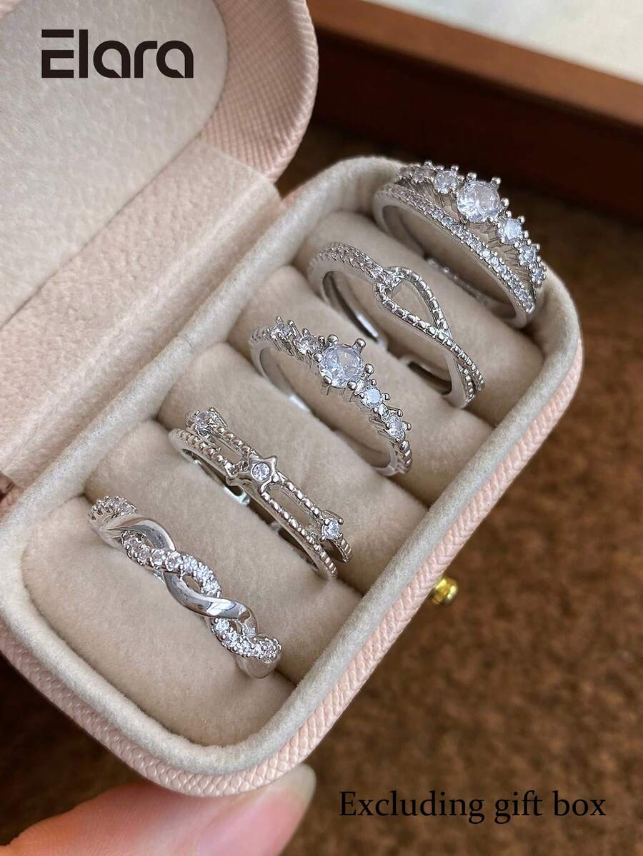 5pcs Fashion Minimalist Cubic Zirconia Multi-Element Open Ring Set Suitable For Women's Daily Wear And Gatherings (Gift Box Not Included)