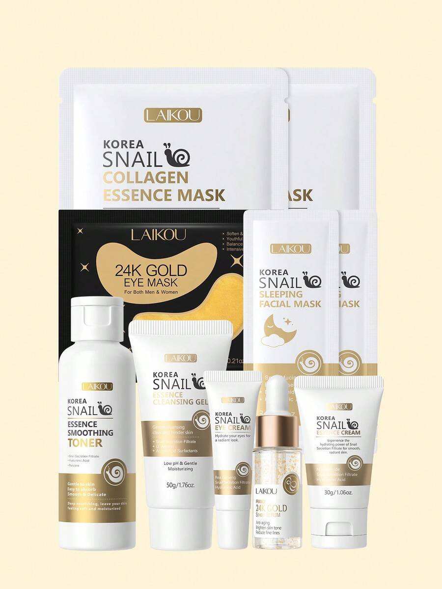 1套 LAIKOU 韓式蝸牛抗氧化護膚套裝,含泥膜、精華液、眼部精華、潔面乳、精華霜、化妝水、睡眠面膜和臉部面膜,深層修復滋養肌膚,高端SPA禮盒與禮袋,適合日常自我護理 - 蝸牛8件套 - 查看 1