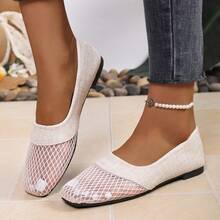 Zapatos Mary Jane de mujer con lentejuelas plateadas y encaje, zapatos con hebilla de malla, estilo estudiantil, zapatos planos plateados transpirables de verano, versátiles y suaves con suela blanda y empeine bajo - Blanco - Ver 7