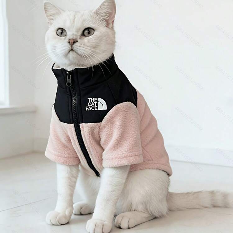 貓咪刷毛夾克，附「THE CAT FACE」Logo，貓臉夾克，適合小型與中型貓狗的寵物衣，可機洗 - 黑色 - 查看 5