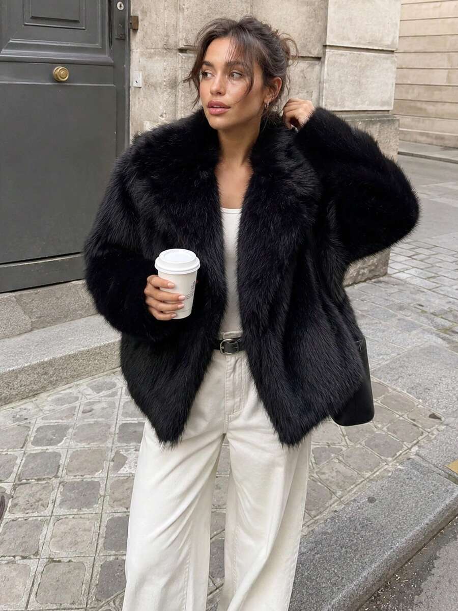 Faux Fur Fluffy Warm Long Sleeve Autumn/Winter Jacket - Black - View 1