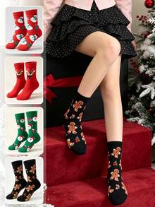 4 Pairs Christmas Theme Cartoon Mid-Calf Socks For Women Red Reindeer Snowman Gingerbread Man Christmas Tree Jacquard Cotton Socks Festive Atmosphere Versatile Celebration New Year Slouch Socks - Multicolor - View 2