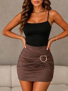 ChicMe Women's Metal Ring Pleated Bodycon Mini Skirt, Casual Elegant, Suitable For Party, Date, Vacation, Street, Office And Various Occasions - Brown - View 6