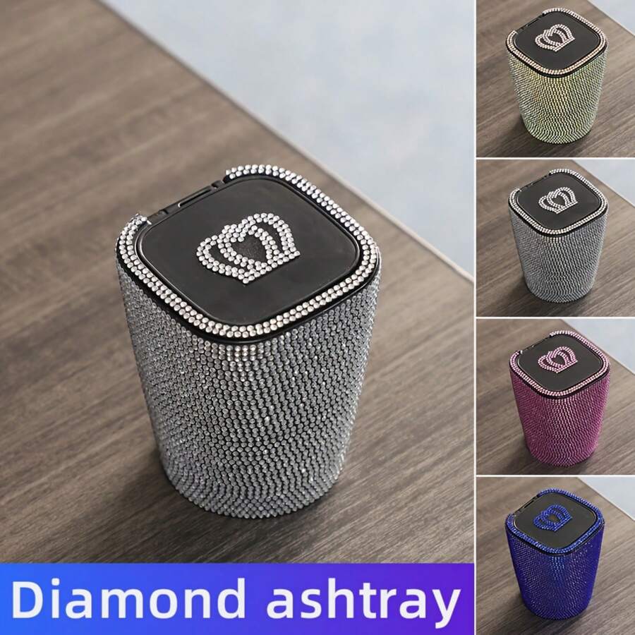 1pc Crystal Crown Diamond Car Ashtray With Lid, Windproof, Odor-Resistant, Flame-Retardant Mini Car Trash Can, Smokeless Ashtray For Car, Home, Office