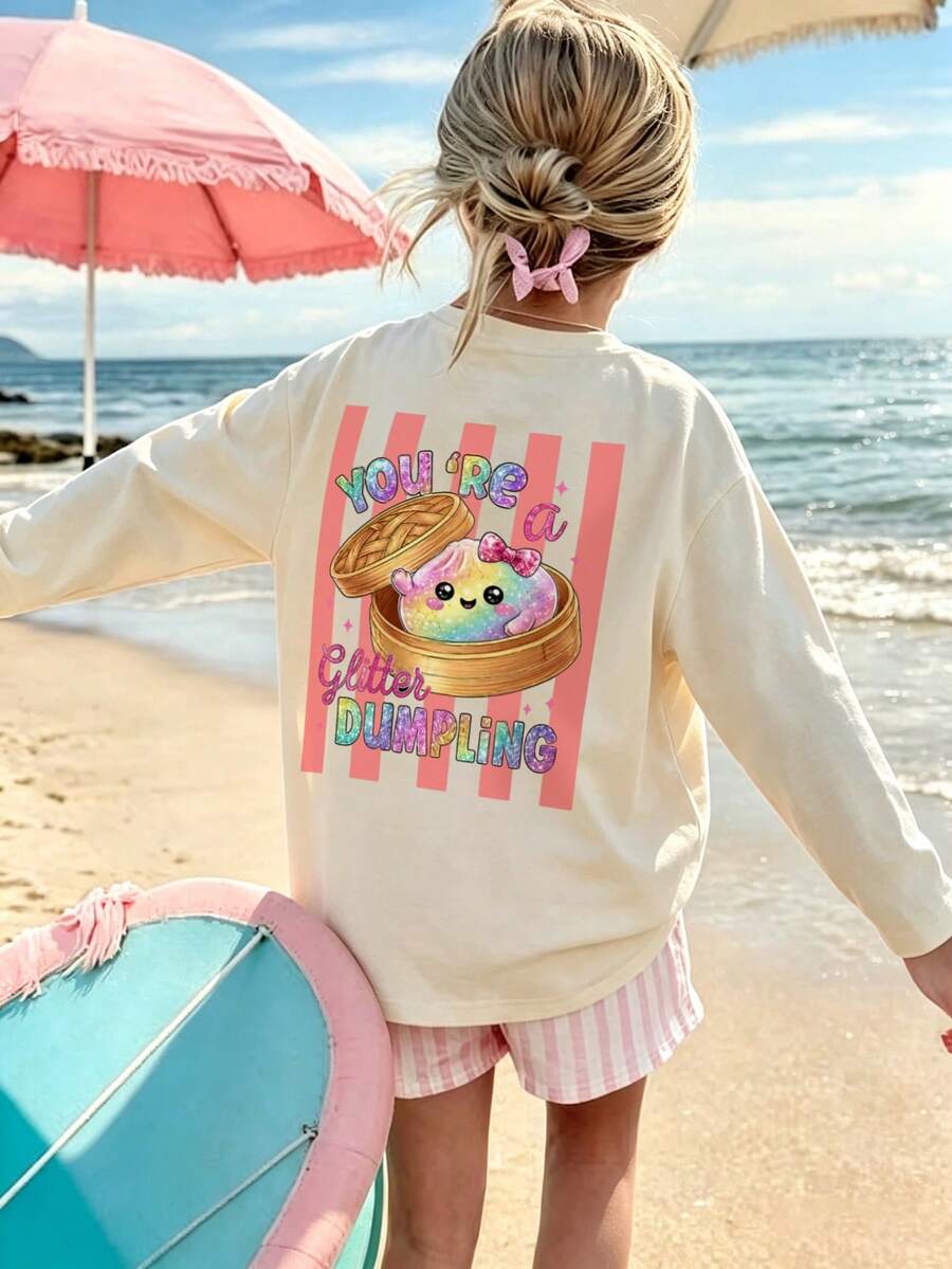 Girls Glitter Dumpling Cartoon Back Print Long Sleeve Tee, Casual Crew Neck T-Shirt - Apricot - View 1