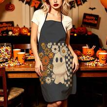 1pc Halloween Daisy Ghost Print Apron, Featuring Checkerboard Daisy Ghost Pattern, Durable Cooking Apron Suitable For Bakers, Cake Decorators, BBQ Enthusiasts, Gardeners, Painters, Nail Artists - Perfect Gift For Home And Professional Chefs - Multicolor - View 3