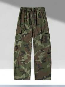 Men's Camouflage Wide Leg Cargo Pants, Drawstring Elastic Waistband Multi-Pocket Loose Streetwear Casual Long Pants, Suitable For Daily Wear - Army Green - View 3