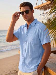 Hawaiian Style Linen Loose Casual Men's Henley Collar Lapel Pocket Solid Color Short Sleeve Shirt Cardigan - Baby Blue - View 4