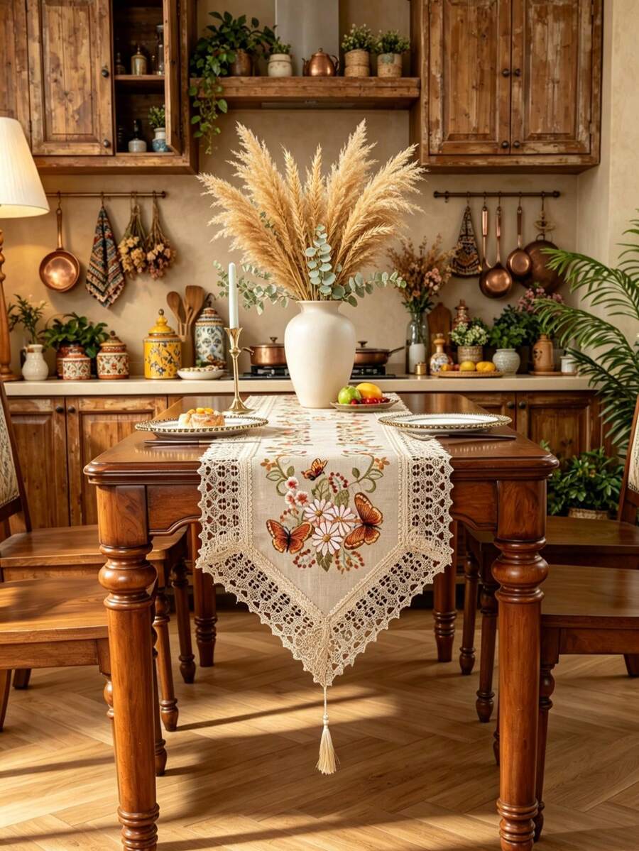 1pc 100% Polyester Vintage Butterfly Floral Embroidered Table Runner, Lace Edge Triangle Table Runner With Tassels, Farmhouse Style Dining Table Decor - Khaki - View 1
