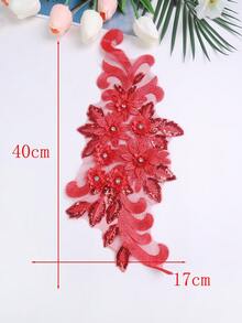 XDH2490 3D刺繡貼花附珠飾，適用婚紗、禮服、網紗蕾絲DIY表演服裝刺繡補丁/長度：39CM/寬度：16CM - 大紅 - 查看 5