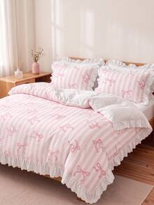 2/3pcs Ruffle Duvet Cover Set, Dorm Bedding, Striped Bow Bedding Set, Cozy Room Decor, Skin-Friendly Breathable, Ultra Soft Anti-Pilling, No Comforter Included, Fits Twin/Full/King/Queen Sizes, All Season, Machine Washable, Back To School - Multicolor - View 8
