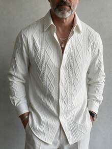 GOLDREDY Korean Style Solid Color Diamond Embossed Long Sleeve Shirt Men White Cable Knit Texture Loose Fit Versatile Outerwear Collared Shacket - White - View 2