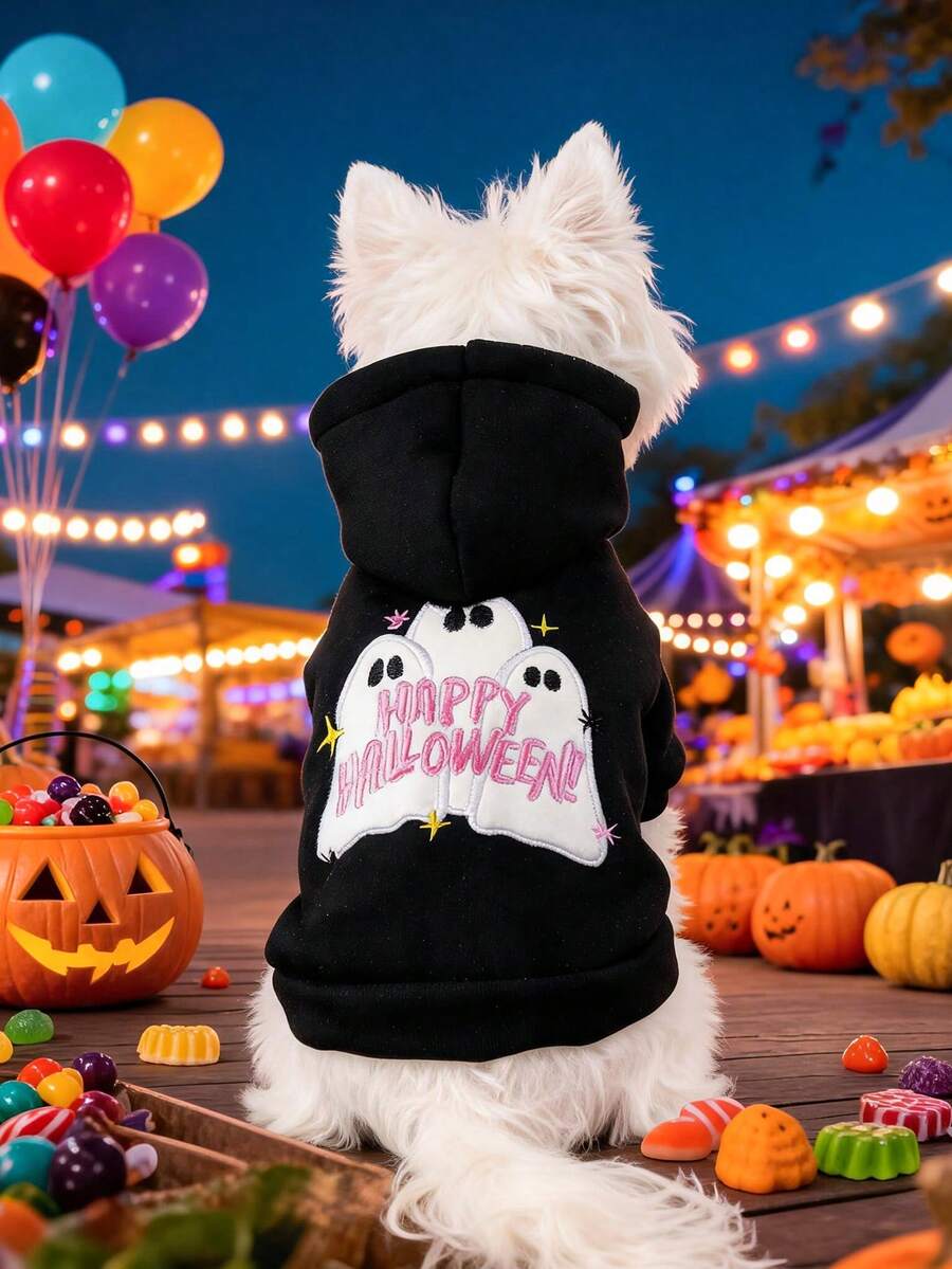 PETCIRCLE 1件寵物衣服 秋冬新款小狗幼犬貓用可愛字母刺繡連帽帽帽衛衣，萬聖節節慶氛圍 - Happy - 黑色 - 查看 1