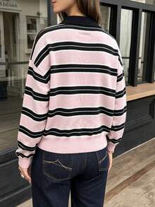 Just Masa Women's Fall Casual Cute Sweet Striped Loose Sweater Pullover,Long Sleeve POLO Collar Rib-Knit Chic Top,For Going Out,Vacation,Travel - Pink Stripes - View 2