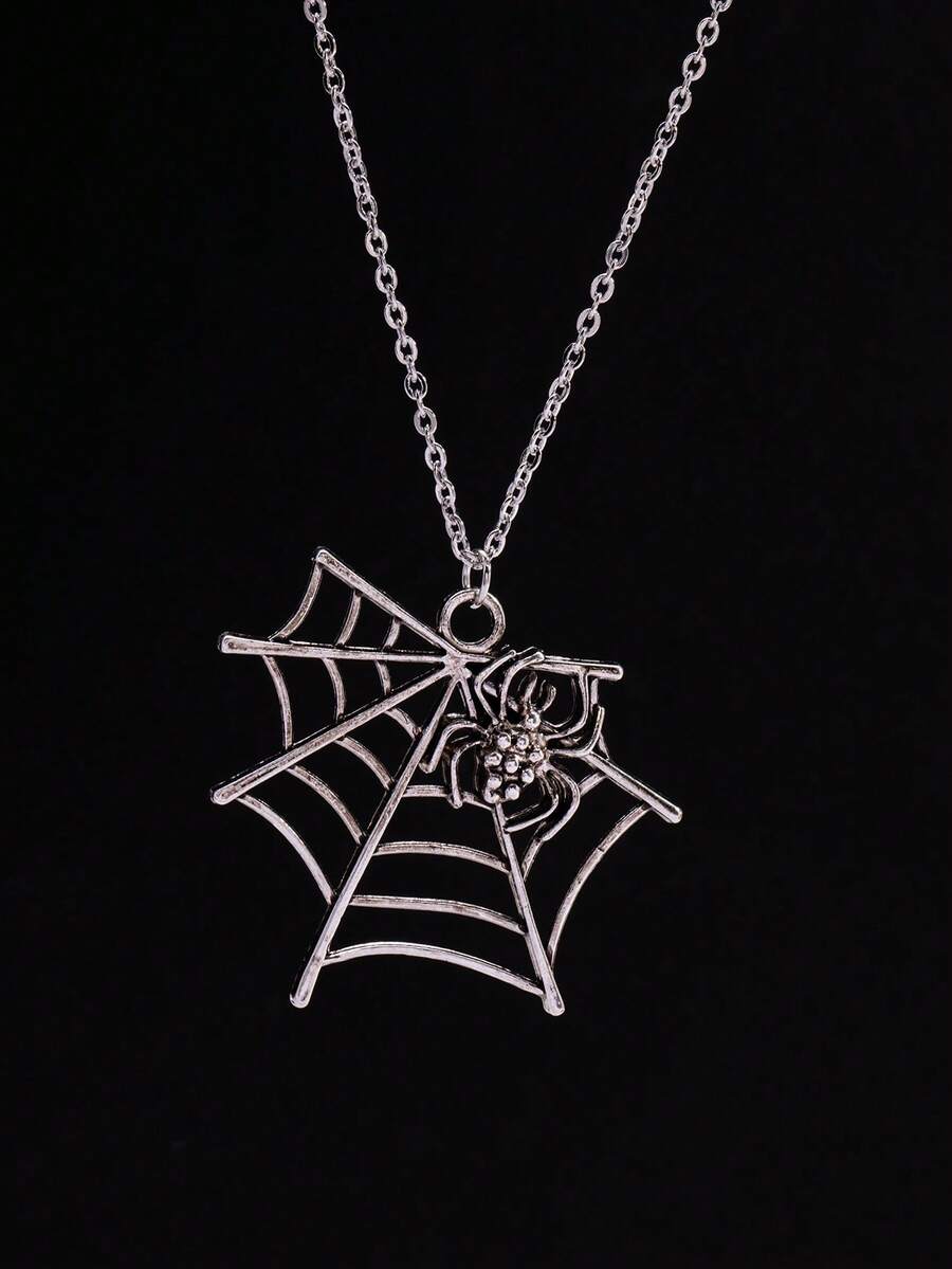 Punk Dark Gothic Spider Web Pendant Necklace, Niche Personalized Versatile Streetwear Ins Neck Accessory, Subculture - Silver - View 1