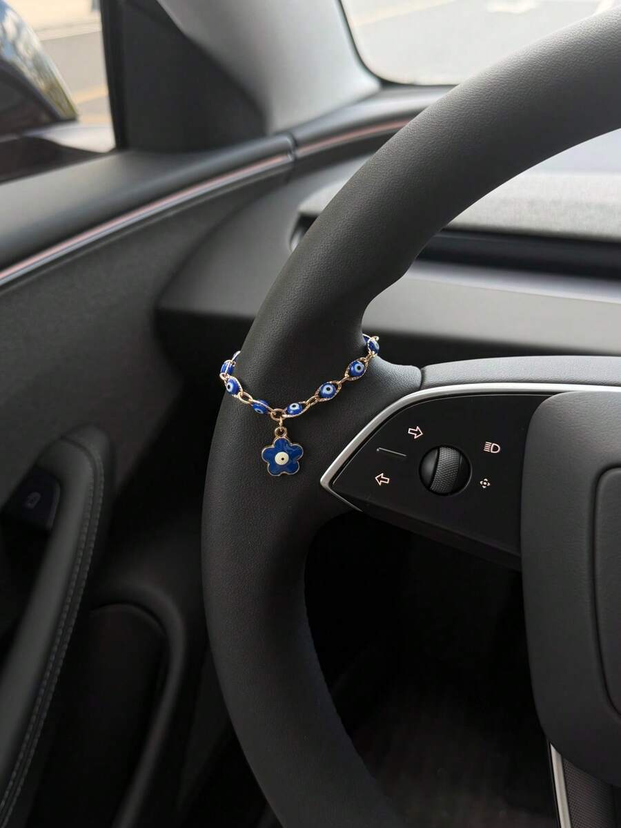 1pc Evil Eye Car Steering Wheel Hanging Chain, Silver Tone Blue Nazar Bead Pendant, Shiny Rhinestone Turkish Evil Eye Charm, Women's Lucky Guardian Car Interior Accessory, Universal Fit For Most Car Models, Bohemian Style Decor - Evil Eye B - View 1