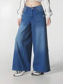 Adidas Three-Leaf Clover Women's Wide-Leg Jeans Loose Slimming Casual Pants - Denim Indigo - View 1