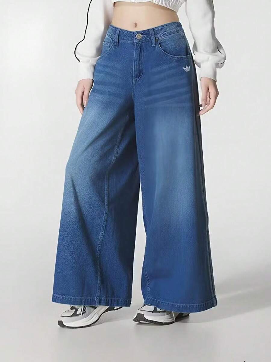 Adidas Three-Leaf Clover Women's Wide-Leg Jeans Loose Slimming Casual Pants - Denim Indigo - View 1