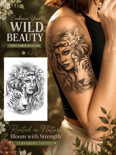 Wild Tiger Floral Temporary Tattoo, Fierce Tiger & Flower Design, Realistic Animal Body Art Sticker, Waterproof Long Lasting Fake Tattoo For Women, Arm Shoulder Back Decoration