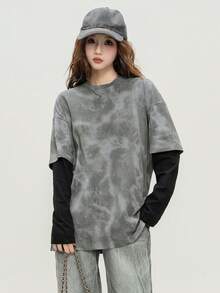JUTU Spring/Autumn Loose Round Neck 2 In 1 Long Sleeve Tie-Dye Print Women's T-Shirt, For Outing And Commuting Casual - Ash and Black - View 1