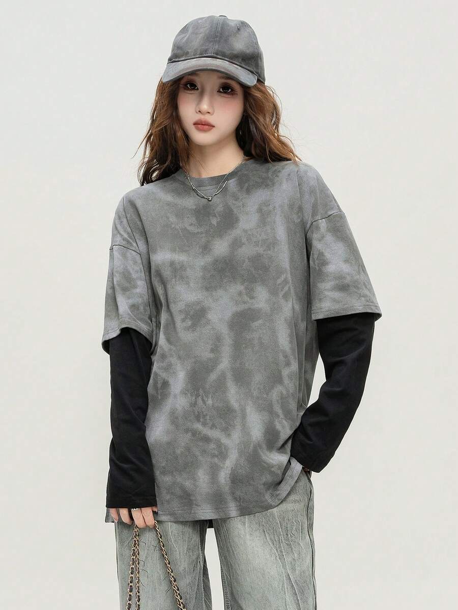 JUTU Spring/Autumn Loose Round Neck 2 In 1 Long Sleeve Tie-Dye Print Women's T-Shirt, For Outing And Commuting Casual - Ash and Black - View 1