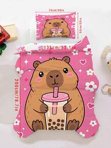 2/3PCS Capybara Bubble Tea Duvet Cover Set, Cute Cartoon Animal Bedding, Pink Heart Floral Print Bed Set For Girls - Multicolor - View 17