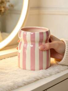 1pc Striped Ceramic Makeup Brush Holder, Cute Wavy Edge Makeup Brush Storage Cup, Multi-Color Vanity Desktop Organizer, Decorative Pen Holder, Home Bathroom Vanity Decor Storage Container - Multicolor - View 15