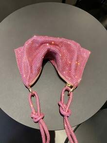 Dedoo Crescent-Shaped Shoulder Handbag, Fully Rhinestone Decorated, Adjustable Rhinestone Strap With Knot Detail, Eye-Catching Bag For Women's Evening Party And Nightclub Occasions - Pink - View 5