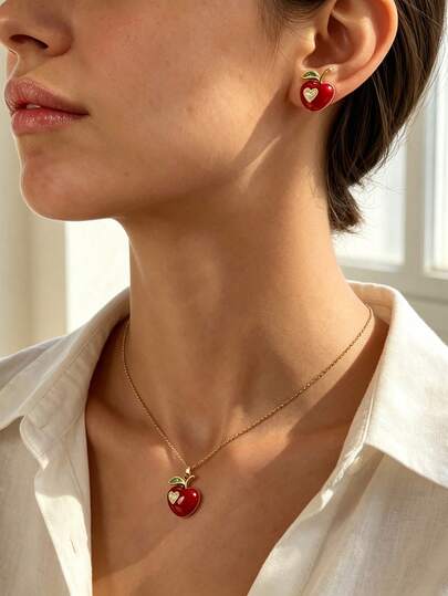 1 Set Fruit Apple Necklace & Earrings Set, Light Luxury Sweet Fashion Versatile Collarbone Chain Jewelry