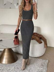 JTI Women's Striped Yarn-Dyed Contrast Square-Neck Sleeveless Cross-Back Maxi Bodycon Dress, Elegant Fall/Winter Office Layering - Black and White - View 4