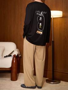 Gongdie 2件組 Snoopy 男士睡衣套裝，春秋款黑色柔軟棉質居家服，附口袋，可愛卡通印花 - 黑色 - 查看 2