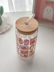 French Frame Collage Halloween Theme Glass Straw Cup, Cute Ghost Pumpkin Spider Web Pattern High Borosilicate Glass Straw Tumbler - Best Choice For Halloween Gift! - Multicolor - View 7