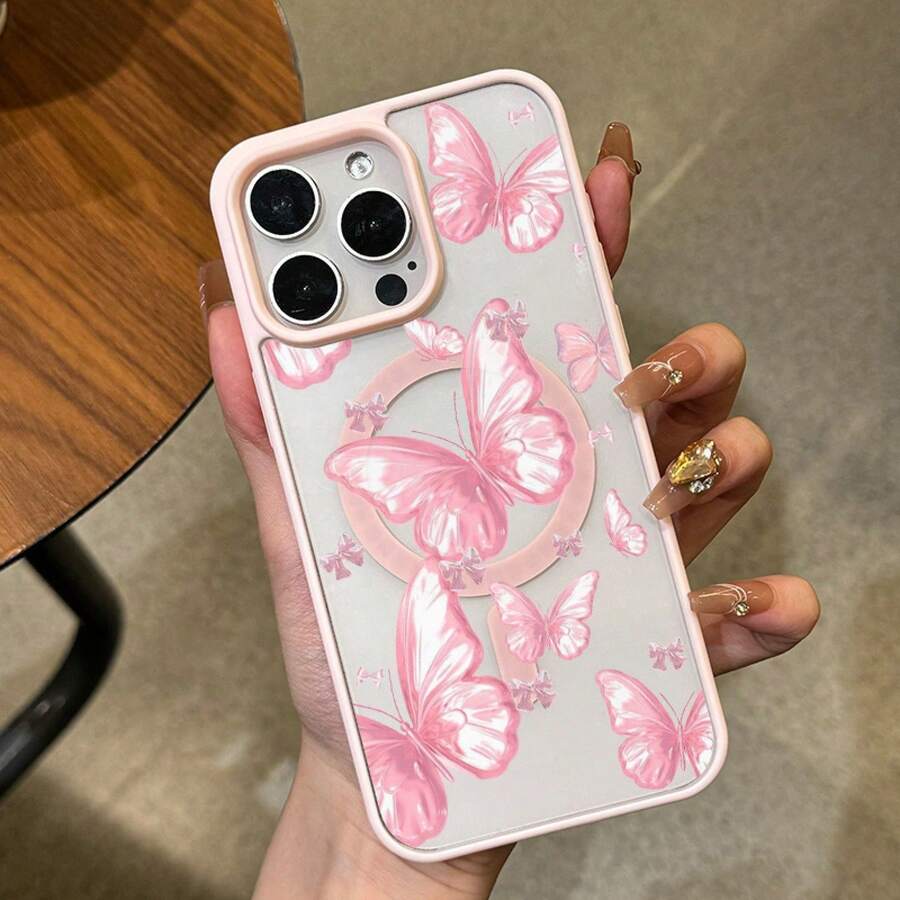 [24u Verzending Vanuit DE/FR/ES] [24-Uurs Lokale Verzending]Phone Case - Applicable To Apple Series Magnetic Phone Cases, Pink Butterfly Print Semi-Transparent Back Panel, Anti-Drop Soft Frame Protective Case, Compatible With Magsafe Wireless Charging, Girlish Style High-Value Personalized Shell - 1 PCS - View 1