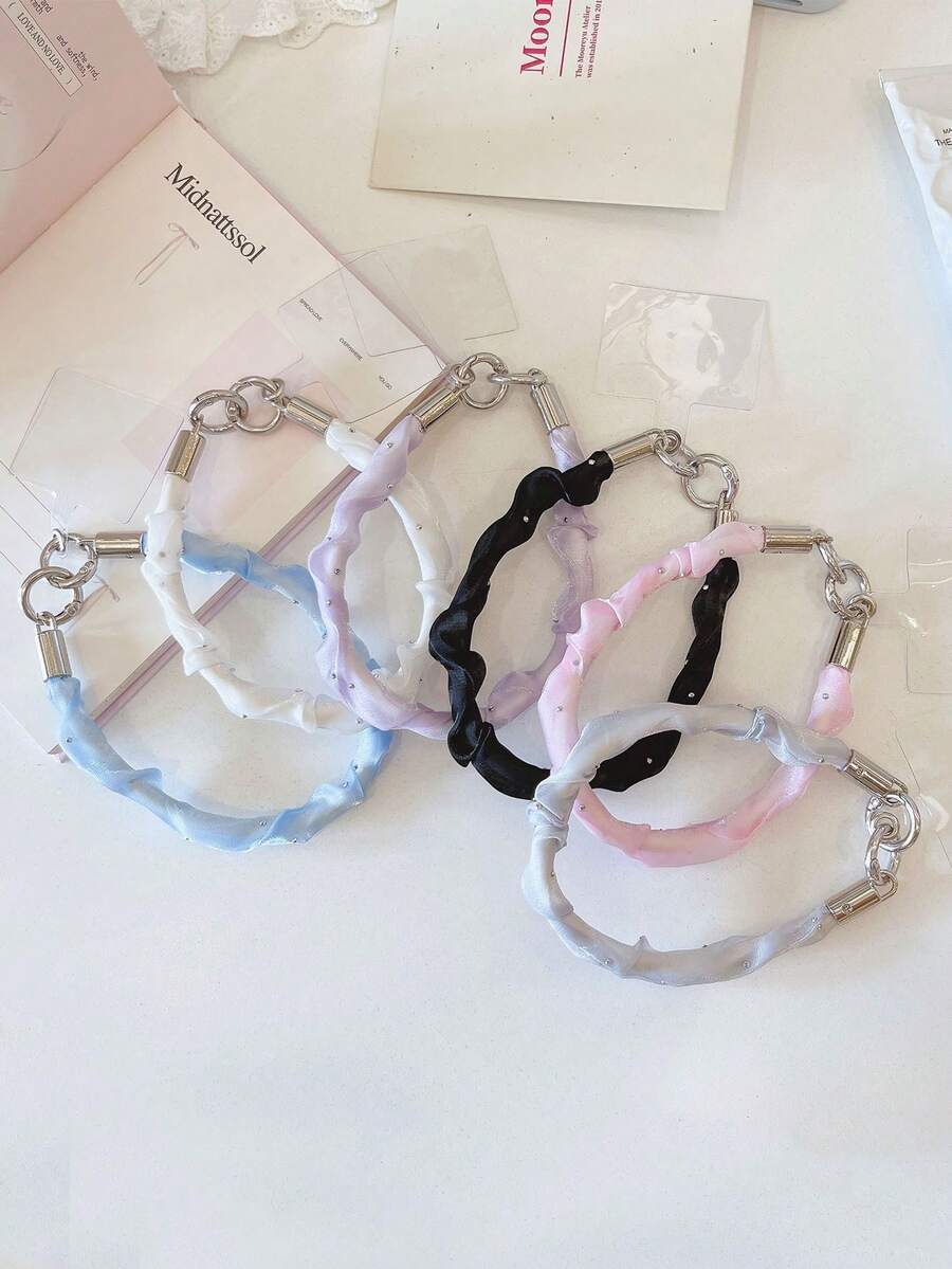 1pc Pleated Satin Fabric Phone Wrist Lanyard, Rhinestone Decor Short Phone Strap With T-Type Patch, Anti-Lost Hand Strap For Smartphone - Multicolor - View 1
