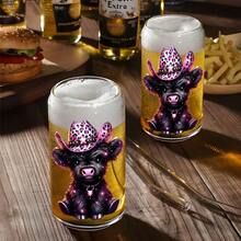 16盎司粉色豹紋牛仔帽與黑色高地牛圖案玻璃杯，農場愛好者冰咖啡吸管杯 - 彩色 - 查看 6