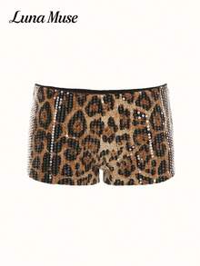Luna Muse Halloween 2026 Spring/Summer New Leopard Print Sequin Shorts, Vintage Y2K Hot Girl Style Slim Fit Flattering Hot Pants, Punk Sexy Eye-Catching, Sequin Patchwork Design, Wild High-End Vibe, Suitable For Daily, Casual, Vacation, Date, Street, Performance, Stage, Outdoor, Back To School, Music Festival, Clubbing, Coachella, Party Wear - Multicolor - View 7