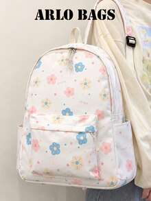 Minimalistischer weißer Rucksack mit Blumenmuster, tragbare Schultasche mit vorderer Reißverschlusstasche, Mehrfach-Abteilungs-Freizeitrucksack, geeignet für Einkaufen, Schule, Reisen - Verschiedenfarbig - Übersicht 6