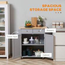Rolling Kitchen Island On Wheels, Utility Serving Cart With Rubber Wood Top, Towel Rack, Hooks And Storage Drawers, Grey - Multicolor - View 4