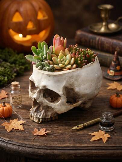 1PC Halloween Resin Skull Planter Pot, Gothic Style Garden Potted Plant Container, INS Style Indoor Desktop Storage Ornament, Skull Flower Pot, Halloween Holiday Atmosphere Decorative Craft, Skull Planter, Holiday Decoration, Garden Decor, Suitable For Desk Micro Landscape Arrangement, Cafe Window Display, Succulents, Moss, Small Green Plants Planting, Jewelry, Small Items Desktop Storage Ornament, Photography Prop, Halloween Gift