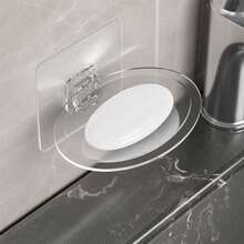 1pc Transparent No-Drill Wall-Mounted Soap Holder, Round Draining Soap Rack, Strong Adhesive Bathroom Sink Storage Tray - Transparent Soap Dish - View 1