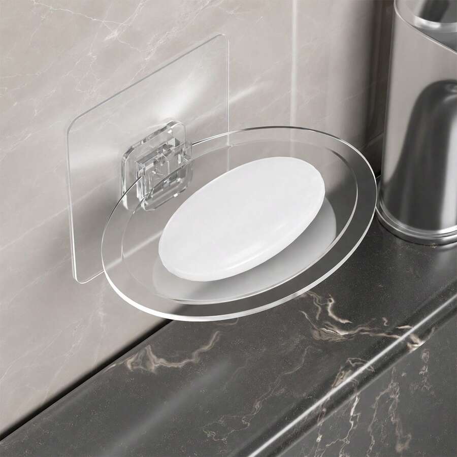 1pc Transparent No-Drill Wall-Mounted Soap Holder, Round Draining Soap Rack, Strong Adhesive Bathroom Sink Storage Tray - Transparent Soap Dish - View 1