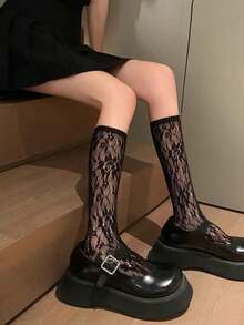 1/5 Pairs Women's White Lace Short Socks, Hollow Floral Pattern Mid-Calf Socks, Sweet & Playful Style, Suitable For JK Uniform, Daily And Party Outfits, Perfect Gift For Girls - Black - View 1