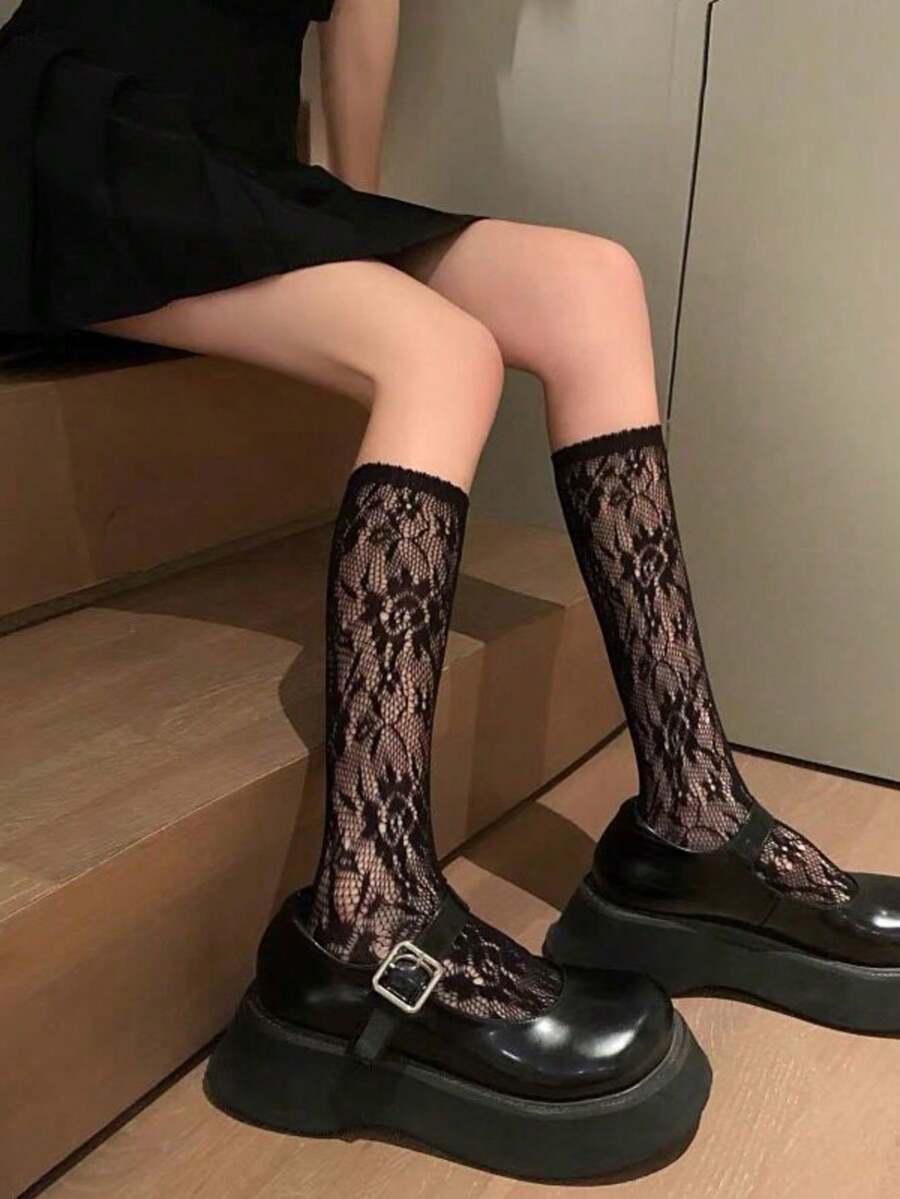 1/5 Pairs Women's White Lace Short Socks, Hollow Floral Pattern Mid-Calf Socks, Sweet & Playful Style, Suitable For JK Uniform, Daily And Party Outfits, Perfect Gift For Girls - Black - View 1