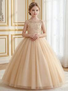 Tween Girl Champagne Color Flower Girl Dress With Open Back For Wedding - Champagne - View 6
