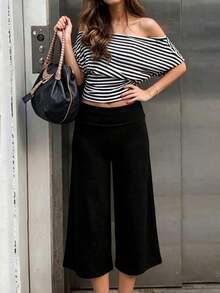 Women's High Waist Folded Hem Cropped Wide Leg Pants, Slimming Versatile Sports Home Wear Mid-Length Pants Black Summer - Black - View 5