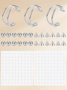 Fake Eyebrow Ring Fake Lip Ring Lip Stud, With 100pcs Replacement Ball Spikes, Non-Piercing Body Jewelry Fake Skin Piercing - Silver - View 6
