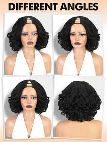 V-Part Yaki Wavy Bob Wig, Synthetic Hair V-Shaped Glueless Hairpiece, Layered Curly Clip-In Hair, Ready To Wear, Suitable For Beginners, Heat-Resistant Fiber, Daily Wear - Black - View 5