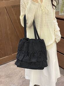 Dedoo Women's Polka Dot Print Ruffle Drawstring Tote Shoulder Bag, Korean Style Daily Student Handbag, Large Capacity Campus Backpack, Suitable For University Campus - Black - View 3